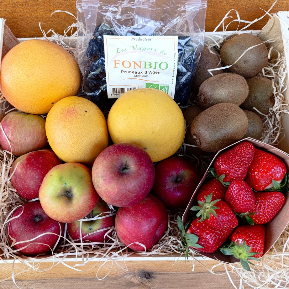 Panier de fruits bio de saison : pommes, fraises, kiwis, pamplemousses et pruneaux